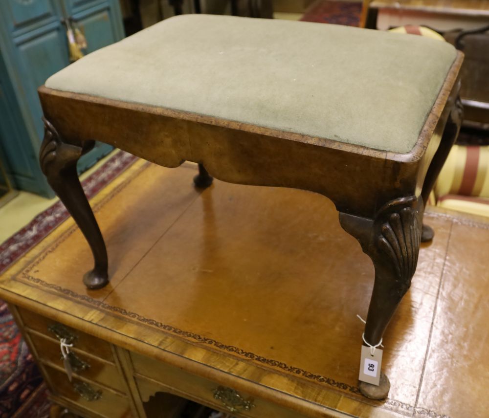 A Queen Anne style walnut dressing stool, width 70cm, depth 52cm, height 48cm
